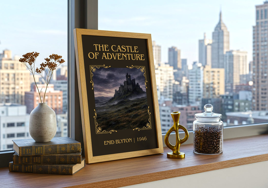The Castle Of Adventure Classic Book Art Print by Enid Blyton – framed print on a city-view windowsill