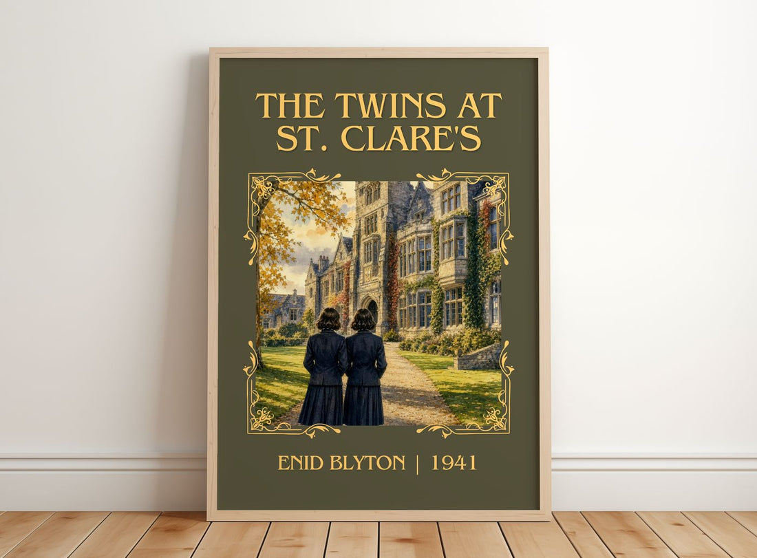 The Twins At St. Clare'S Classic Book Art Print by Enid Blyton – framed print leaning on a wooden floor