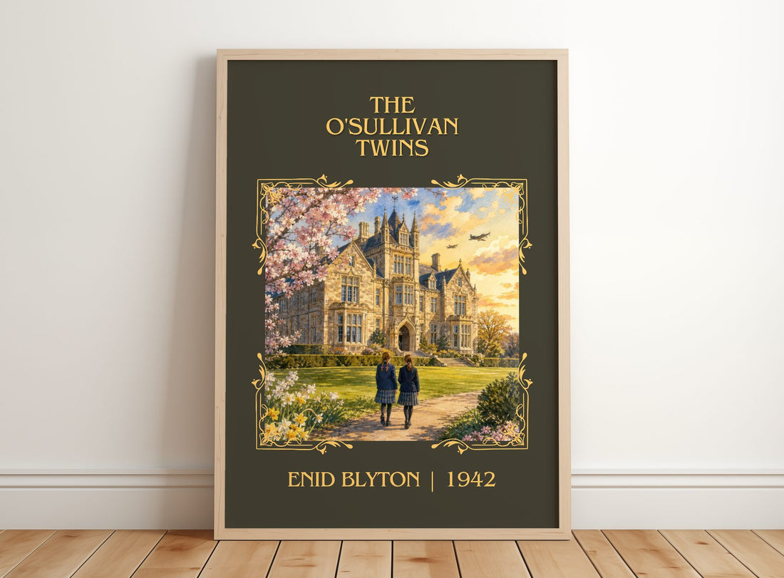 The O'Sullivan Twins Classic Book Art Print by Enid Blyton – framed print leaning on a wooden floor