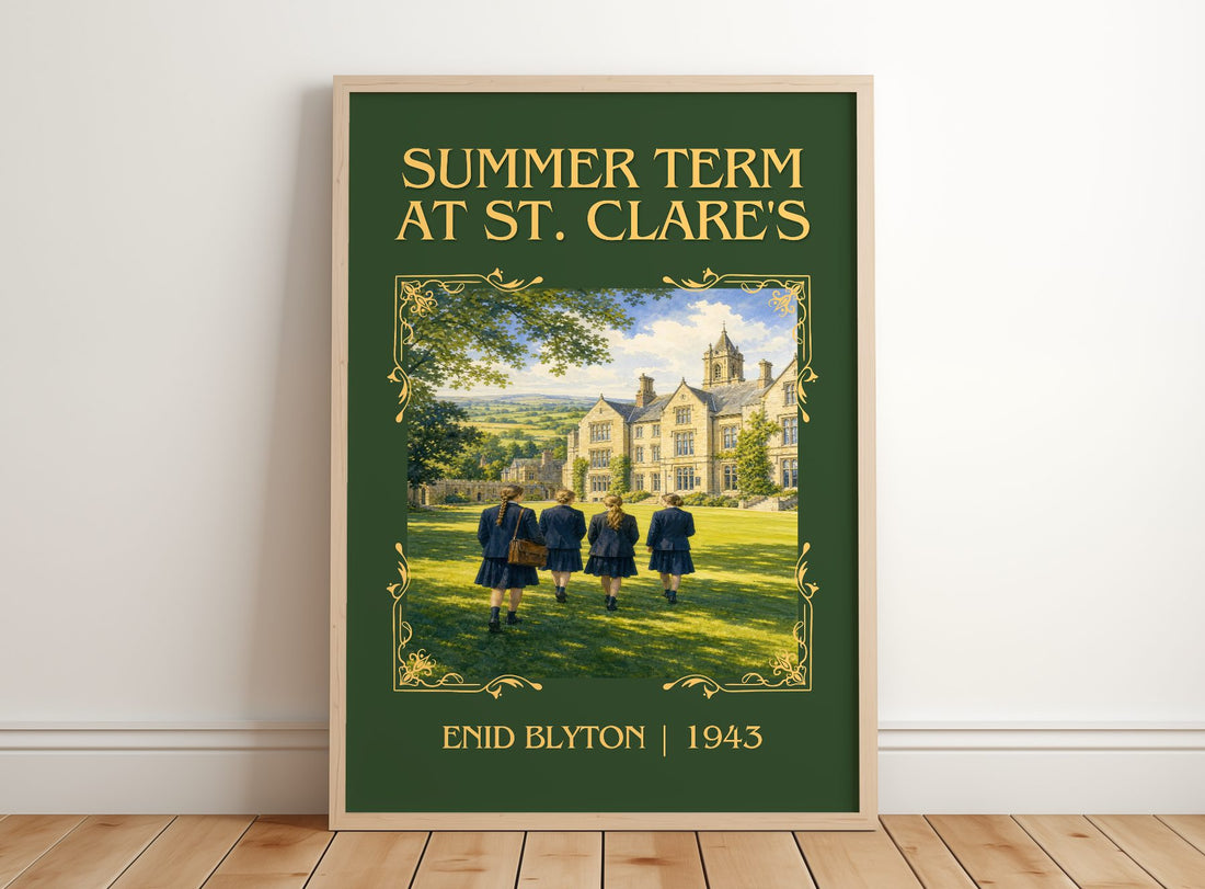 Summer Term At St. Clare'S Classic Book Art Print by Enid Blyton – framed print leaning on a wooden floor