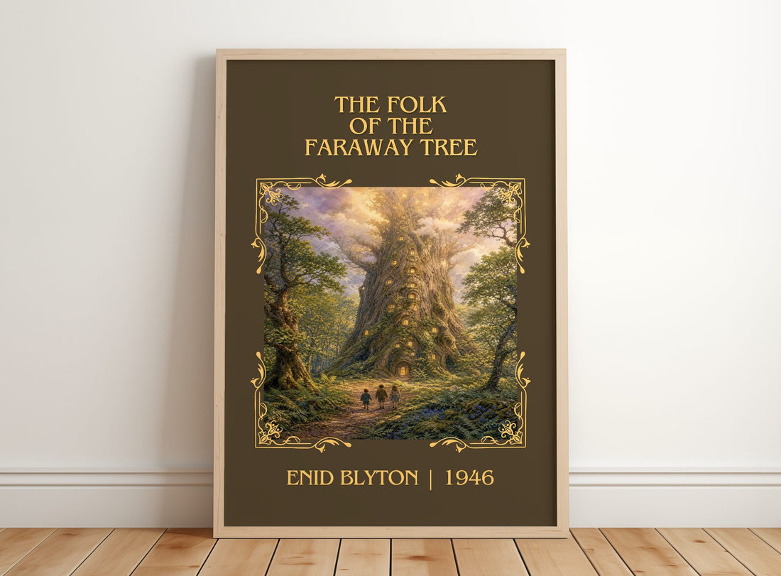 The Folk Of The Faraway Tree Classic Book Art Print by Enid Blyton – framed print leaning on a wooden floor