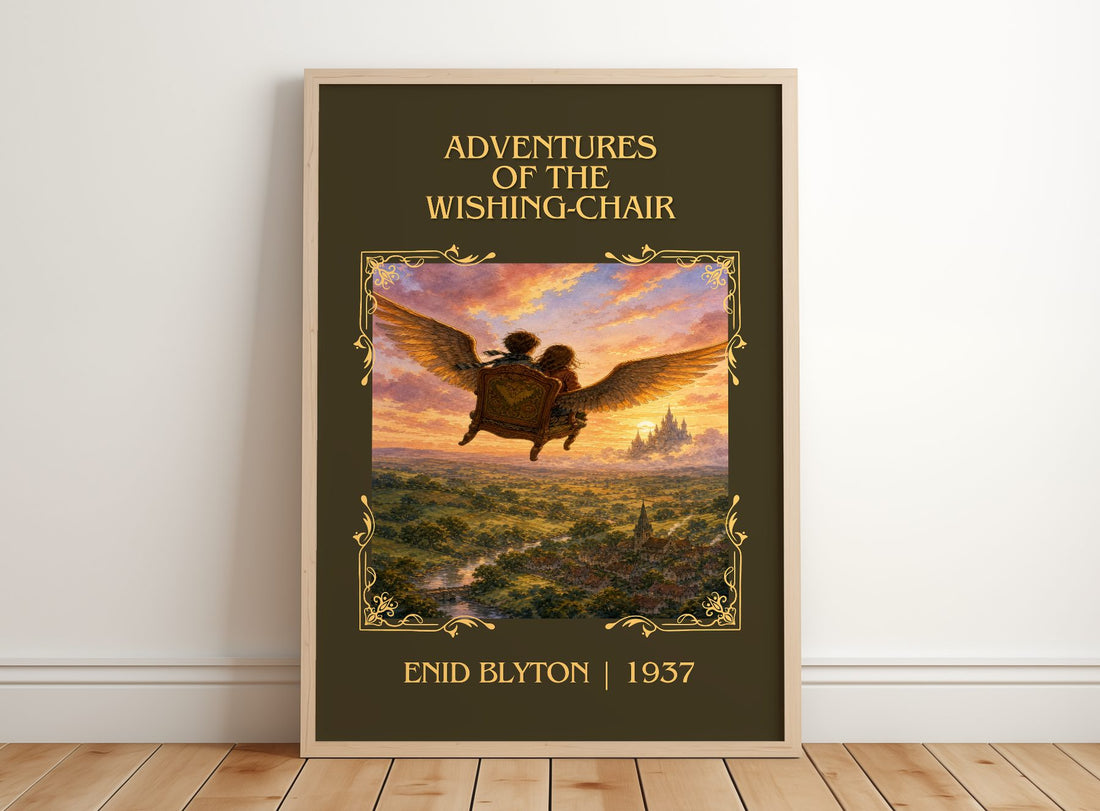 Adventures Of The Wishing-Chair Classic Book Art Print by Enid Blyton – framed print leaning on a wooden floor