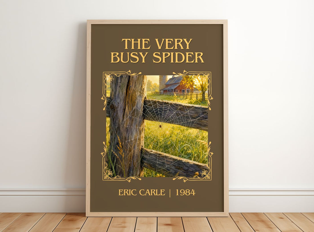 The Very Busy Spider Classic Book Art Print by Eric Carle – framed print leaning on a wooden floor