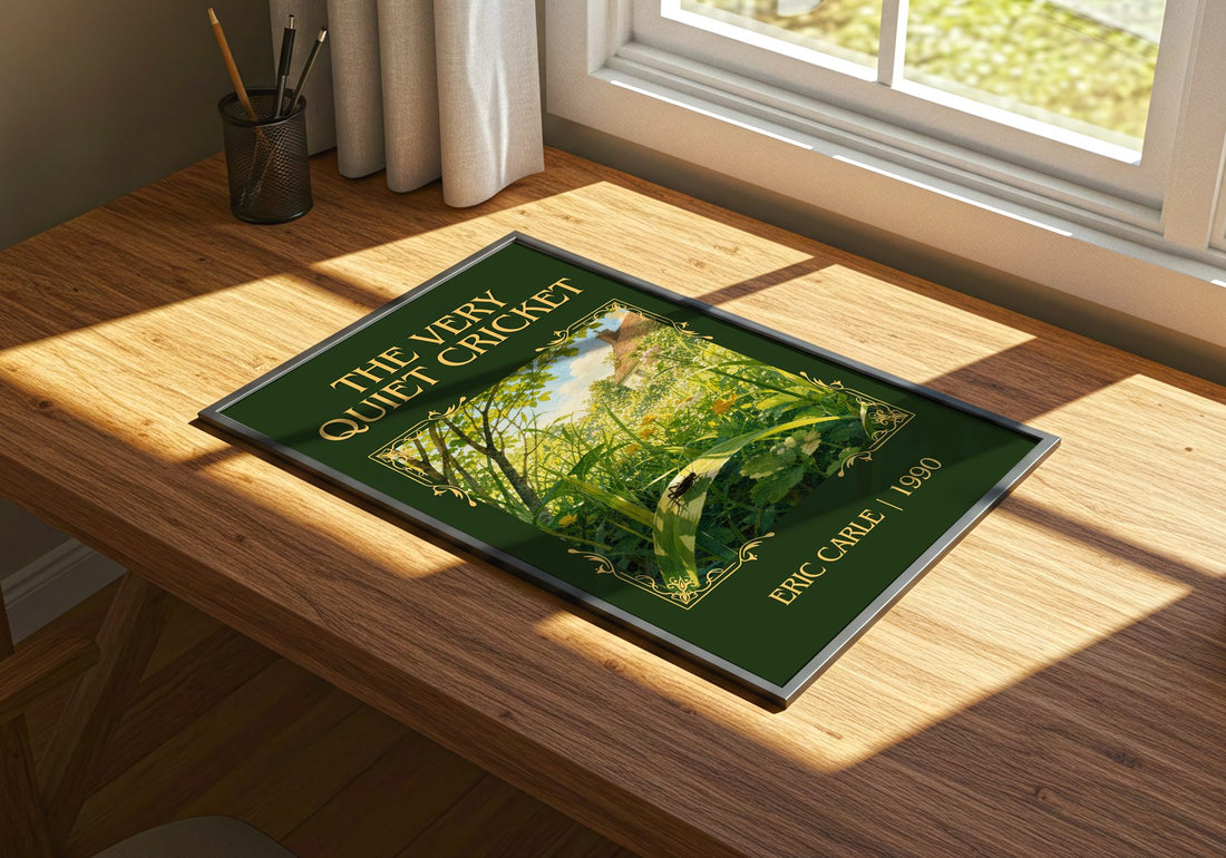 The Very Quiet Cricket Classic Book Art Print by Eric Carle – print on a sunlit desk