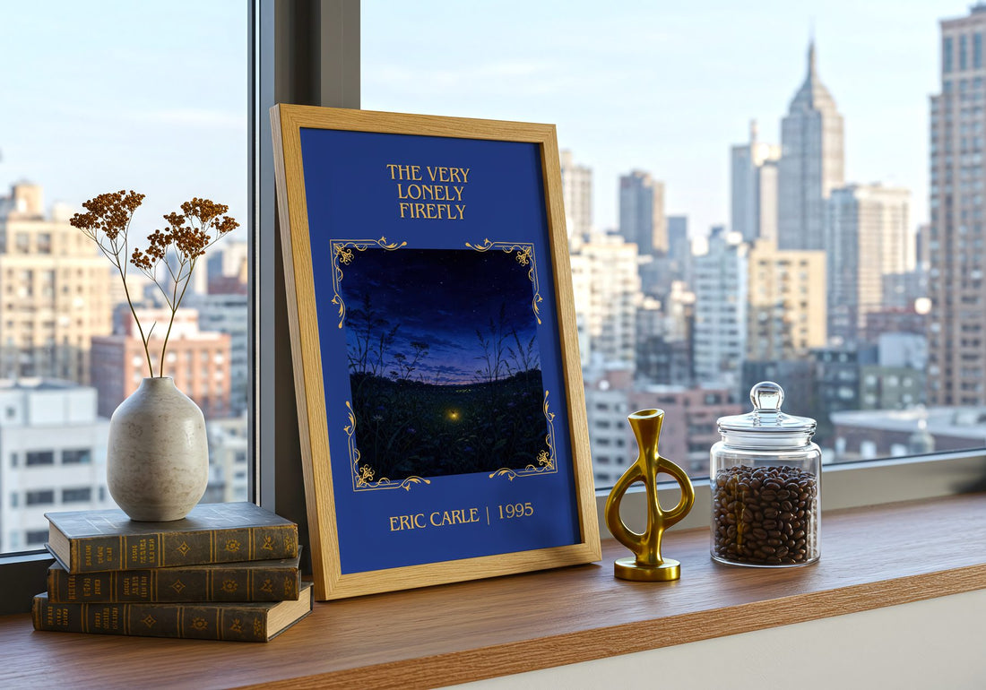 The Very Lonely Firefly Classic Book Art Print by Eric Carle – framed print on a city-view windowsill
