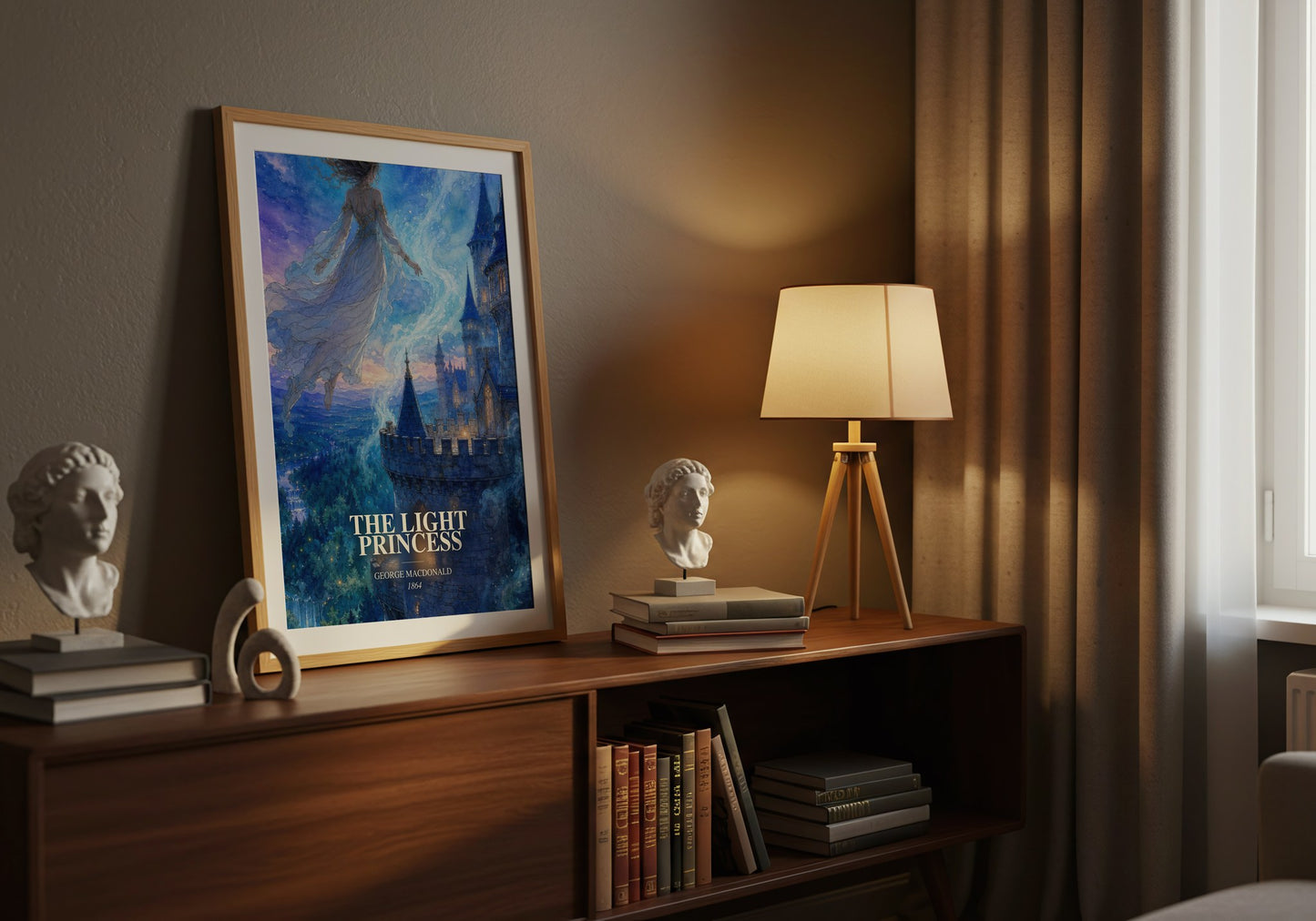 The Light Princess watercolour print on bookshelf – George Macdonald fan gift