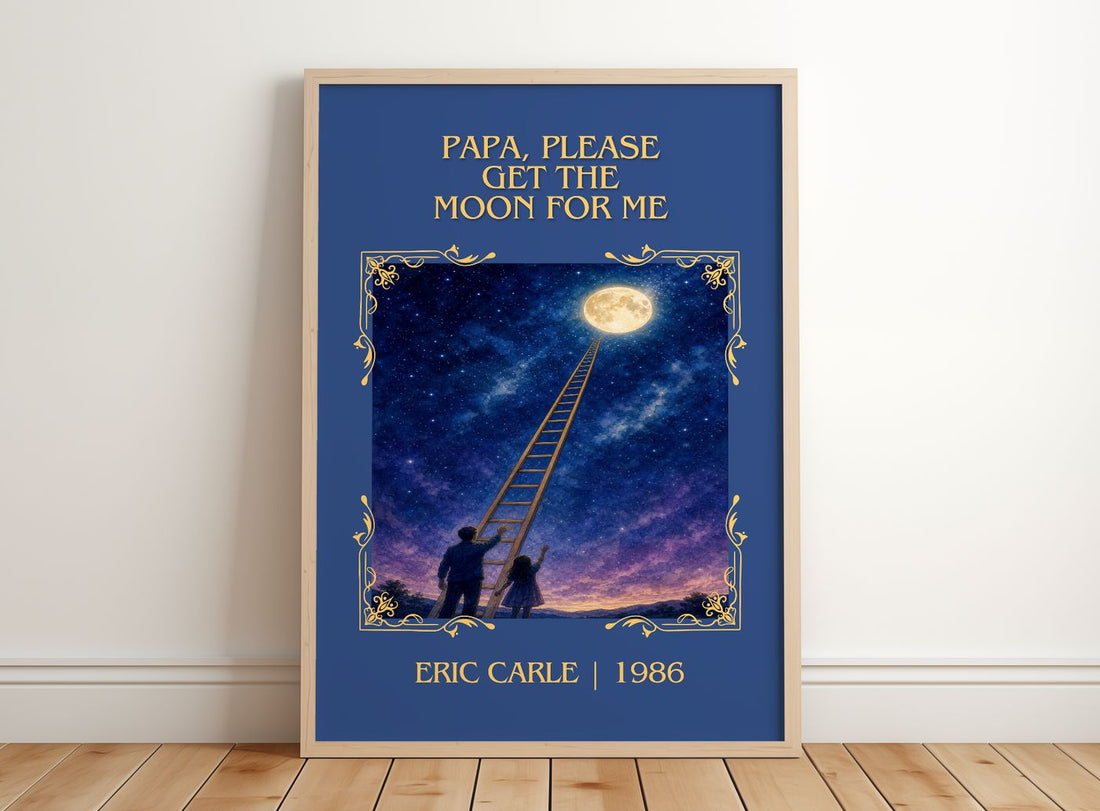 Papa, Please Get The Moon For Me Classic Book Art Print by Eric Carle – framed print leaning on a wooden floor