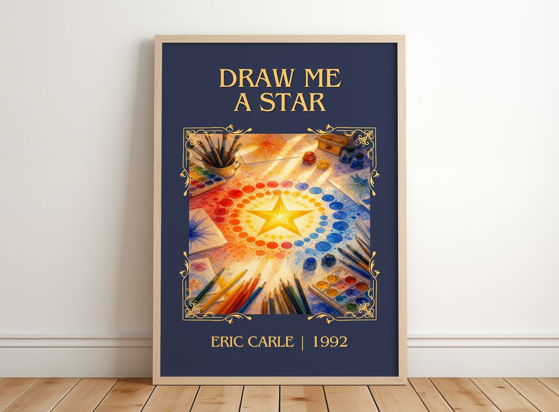 Draw Me A Star Classic Book Art Print by Eric Carle – framed print leaning on a wooden floor