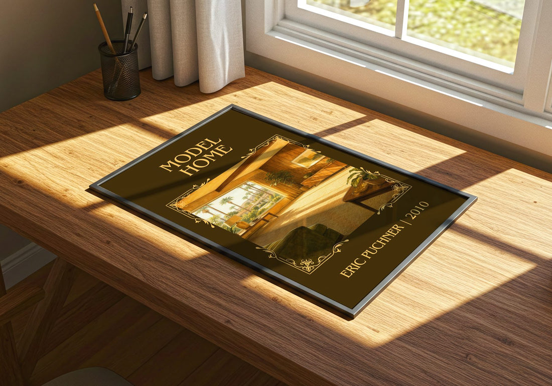 Model Home Classic Book Art Print by Eric Puchner – print on a sunlit desk
