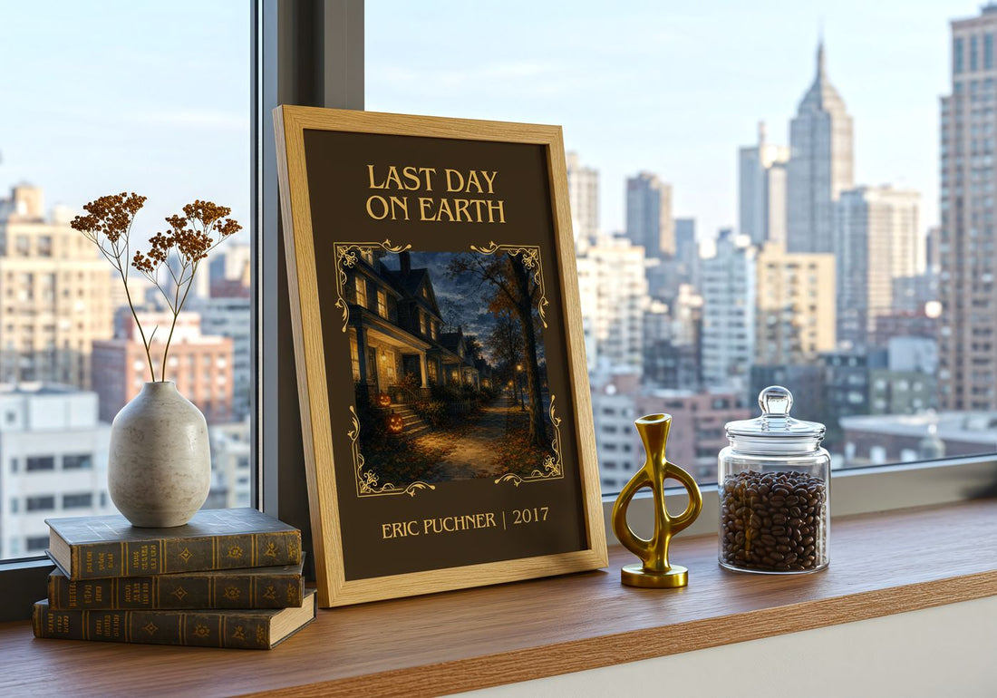 Last Day On Earth Classic Book Art Print by Eric Puchner – framed print on a city-view windowsill