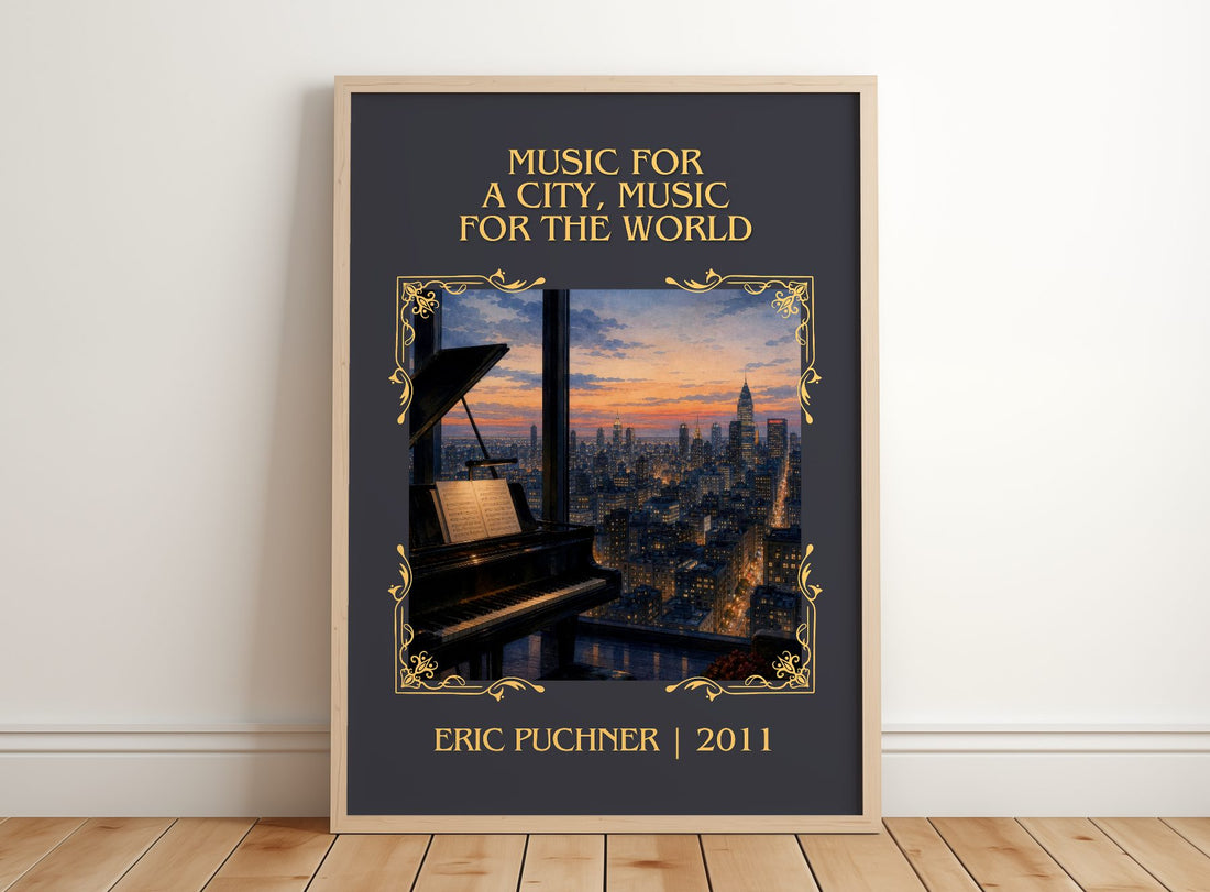 Music For A City, Music For The World Classic Book Art Print – framed print leaning on a wooden floor