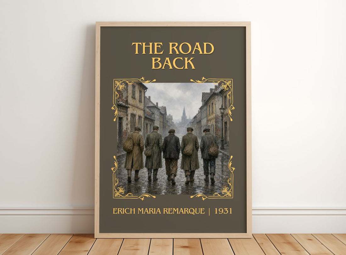 The Road Back Classic Book Art Print by Erich Maria Remarque – framed print leaning on a wooden floor