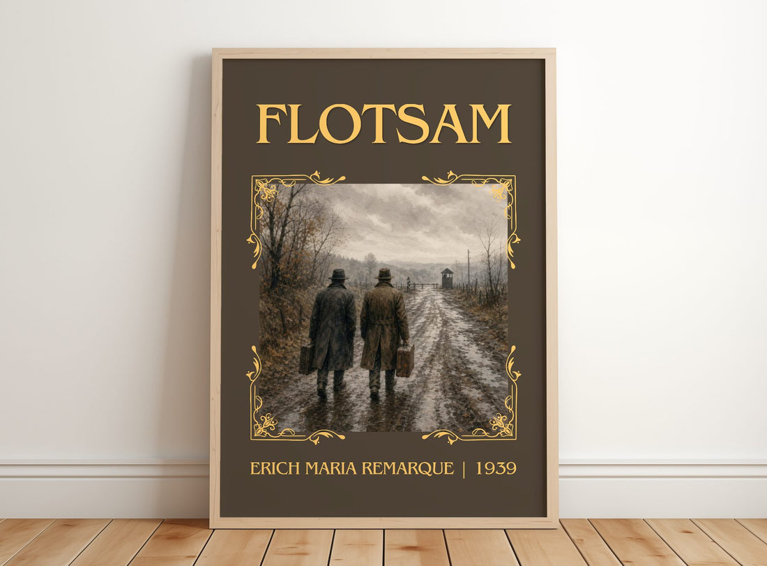 Flotsam Classic Book Art Print by Erich Maria Remarque – framed print leaning on a wooden floor