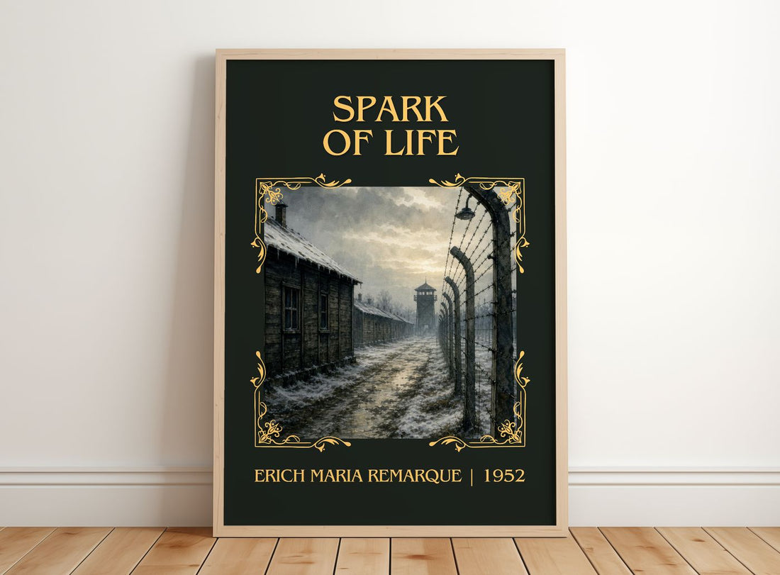 Spark Of Life Classic Book Art Print by Erich Maria Remarque – framed print leaning on a wooden floor