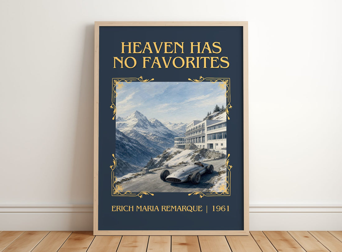 Heaven Has No Favorites Classic Book Art Print by Erich Maria Remarque – framed print leaning on a wooden floor