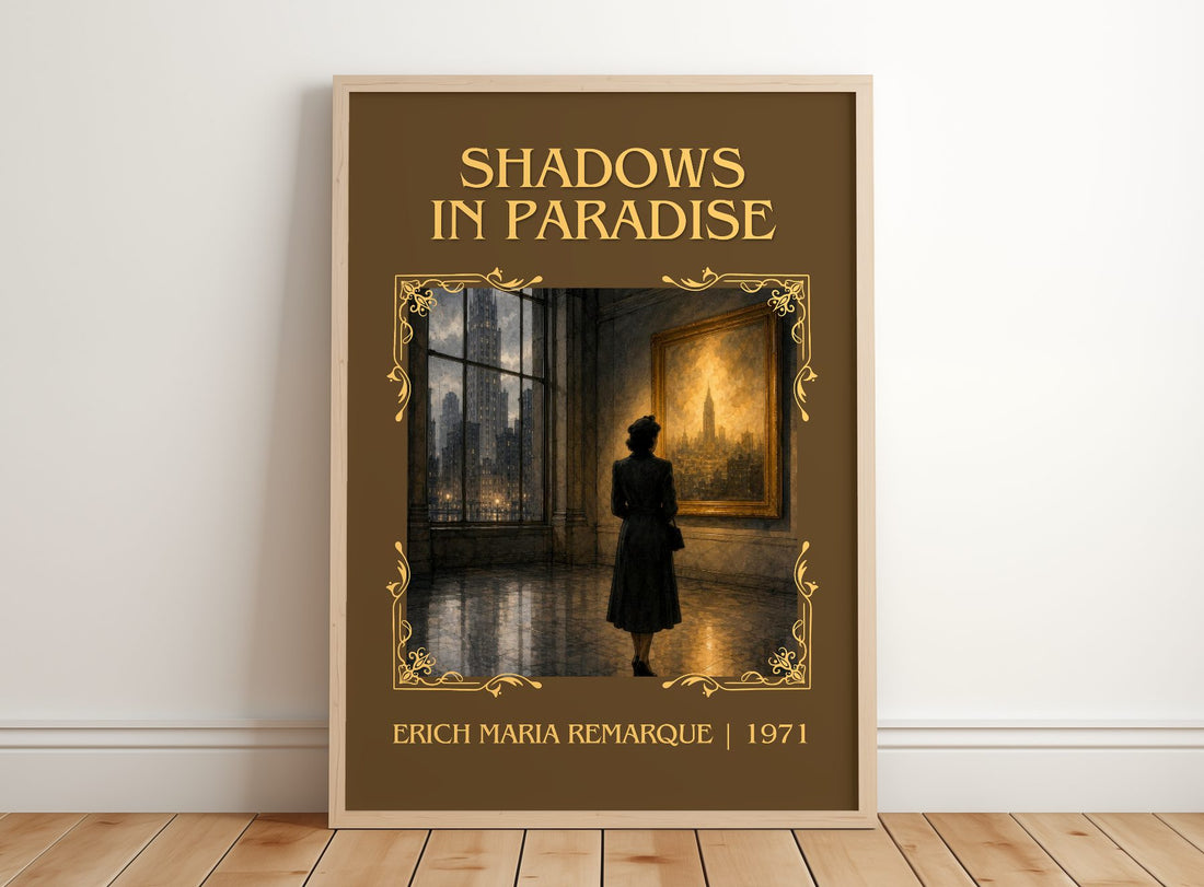 Shadows In Paradise Classic Book Art Print by Erich Maria Remarque – framed print leaning on a wooden floor