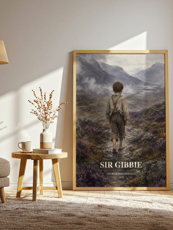 Sir Gibbie watercolour print in frame leaning in hallway – classic literature wall art