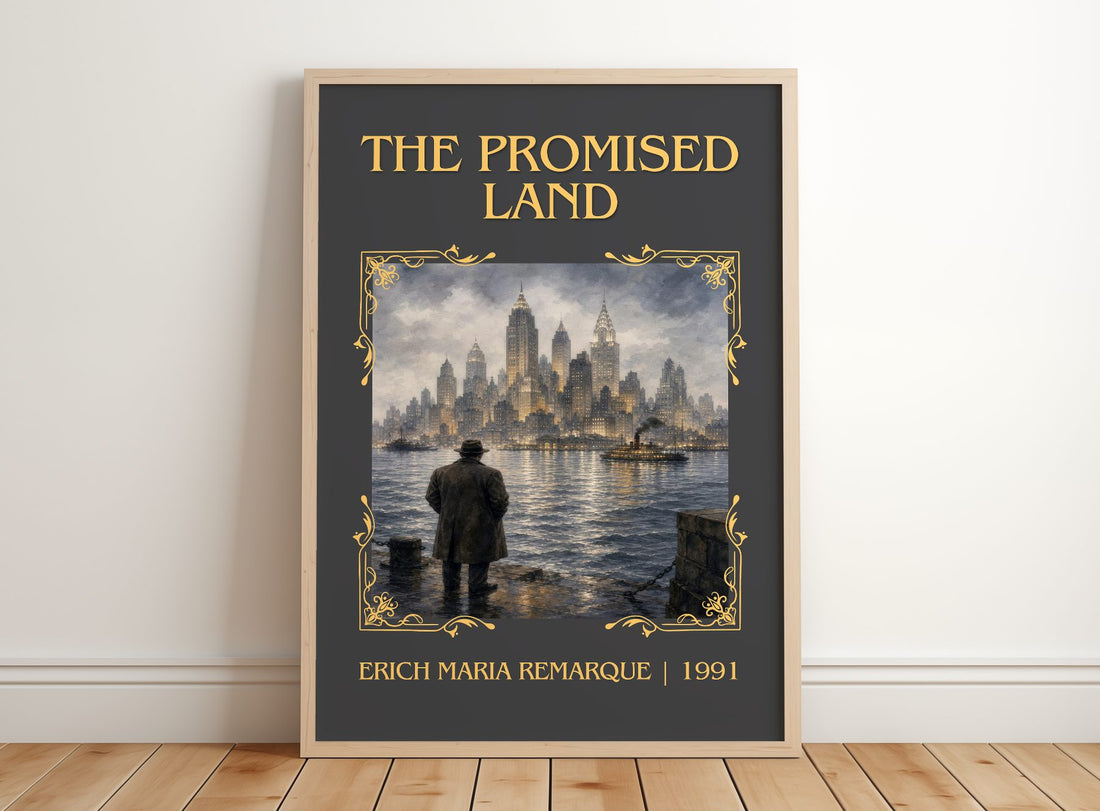 The Promised Land Classic Book Art Print by Erich Maria Remarque – framed print leaning on a wooden floor
