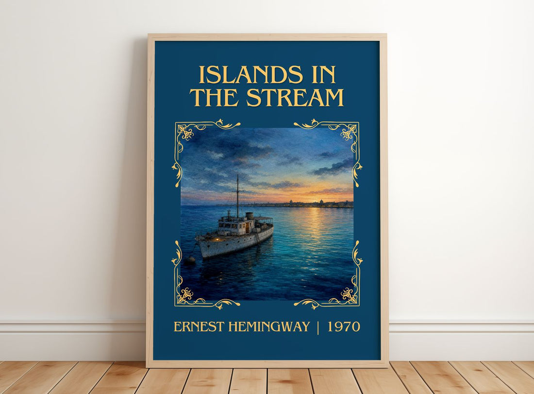 Islands In The Stream Classic Book Art Print by Ernest Hemingway – framed print leaning on a wooden floor