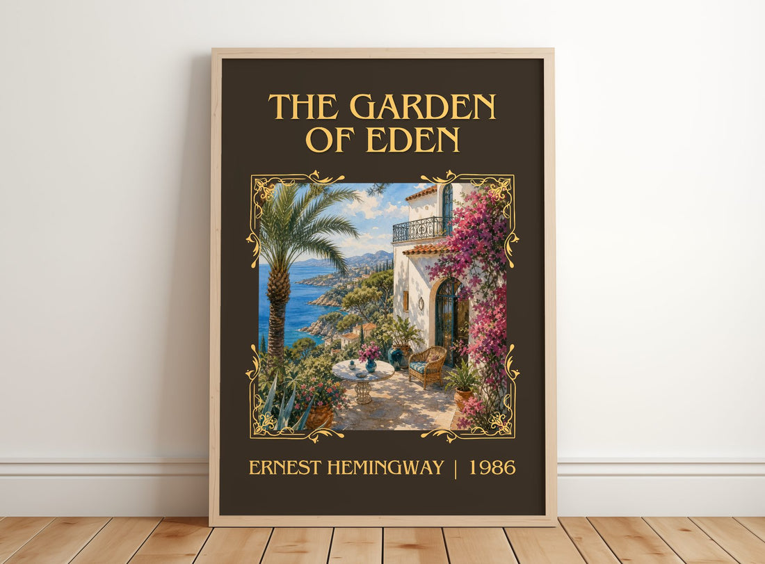 The Garden Of Eden Classic Book Art Print by Ernest Hemingway – framed print leaning on a wooden floor