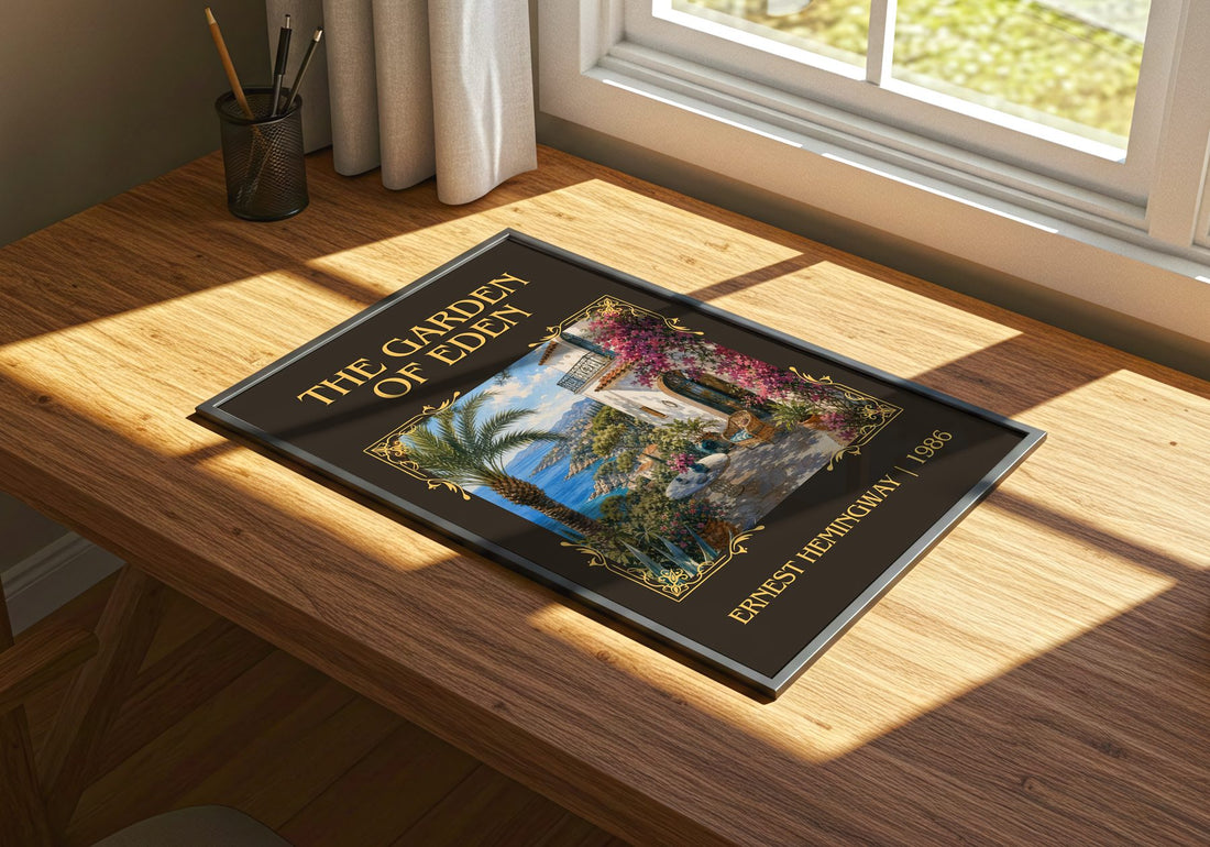 The Garden Of Eden Classic Book Art Print by Ernest Hemingway – print on a sunlit desk