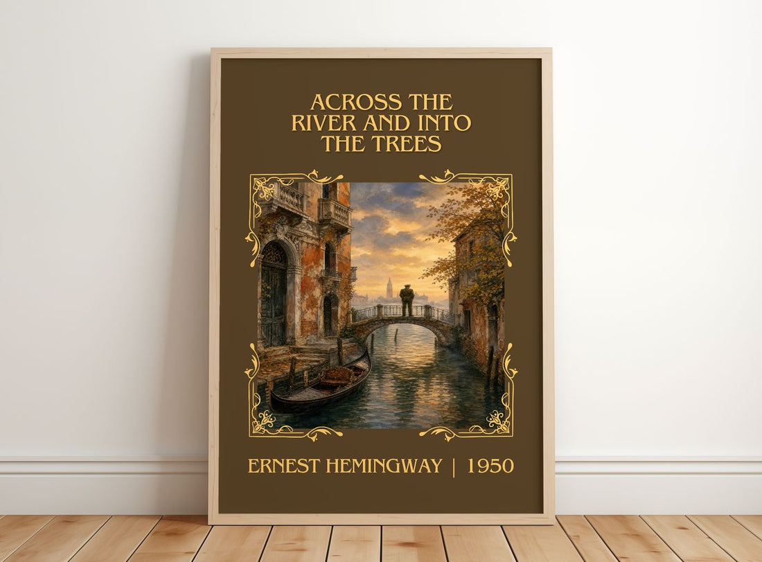 Across The River And Into The Trees Classic Book Art Print – framed print leaning on a wooden floor