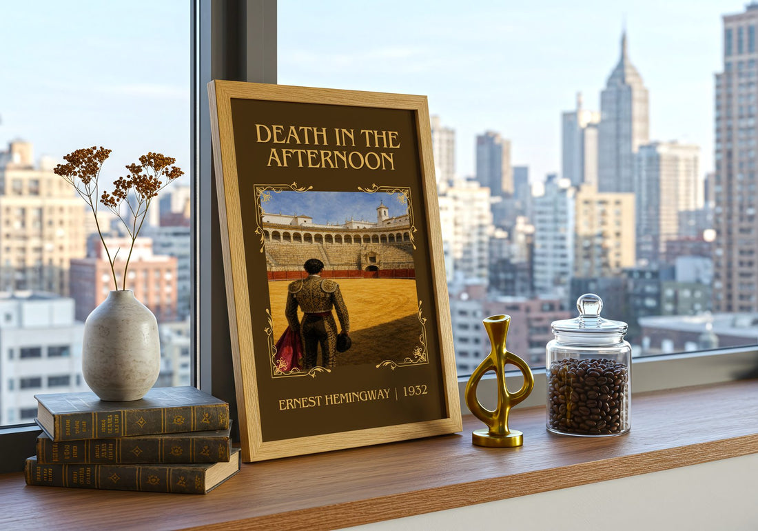 Death In The Afternoon Classic Book Art Print by Ernest Hemingway – framed print on a city-view windowsill