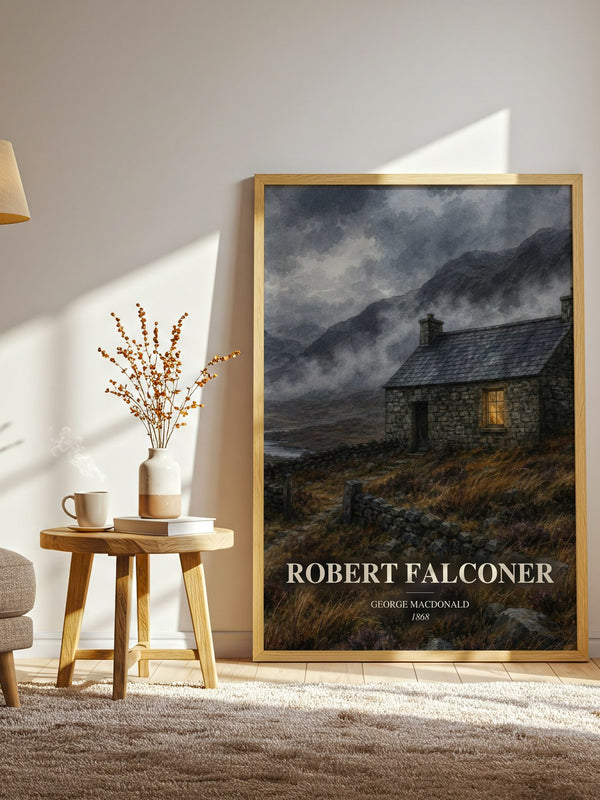 Robert Falconer watercolour print in frame leaning in hallway – literary fiction wall art