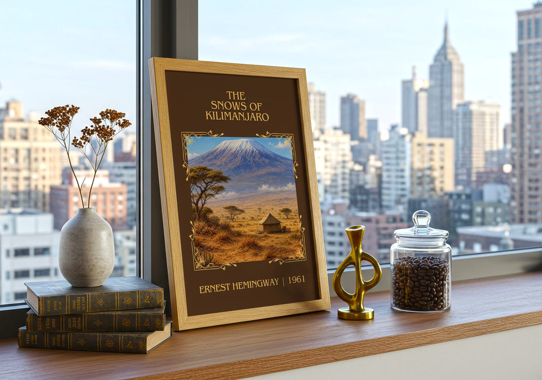 The Snows Of Kilimanjaro Classic Book Art Print by Ernest Hemingway – framed print on a city-view windowsill