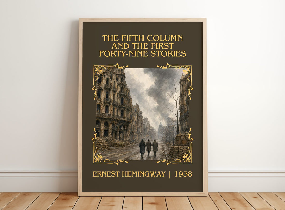 Fifth Column And The First Forty-Nine Stories Classic Book Art Print – framed print leaning on a wooden floor