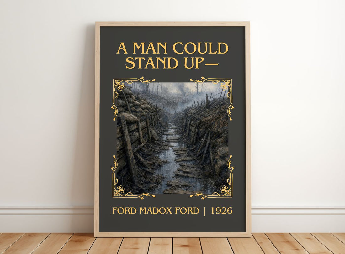 A Man Could Stand Up— Classic Book Art Print by Ford Madox Ford – framed print leaning on a wooden floor