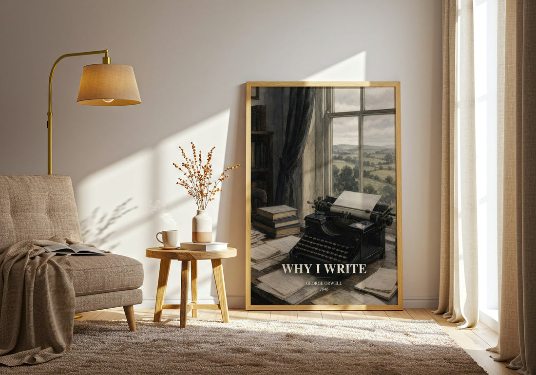 Why I Write watercolour print in frame leaning in hallway – non fiction wall art (mockup)