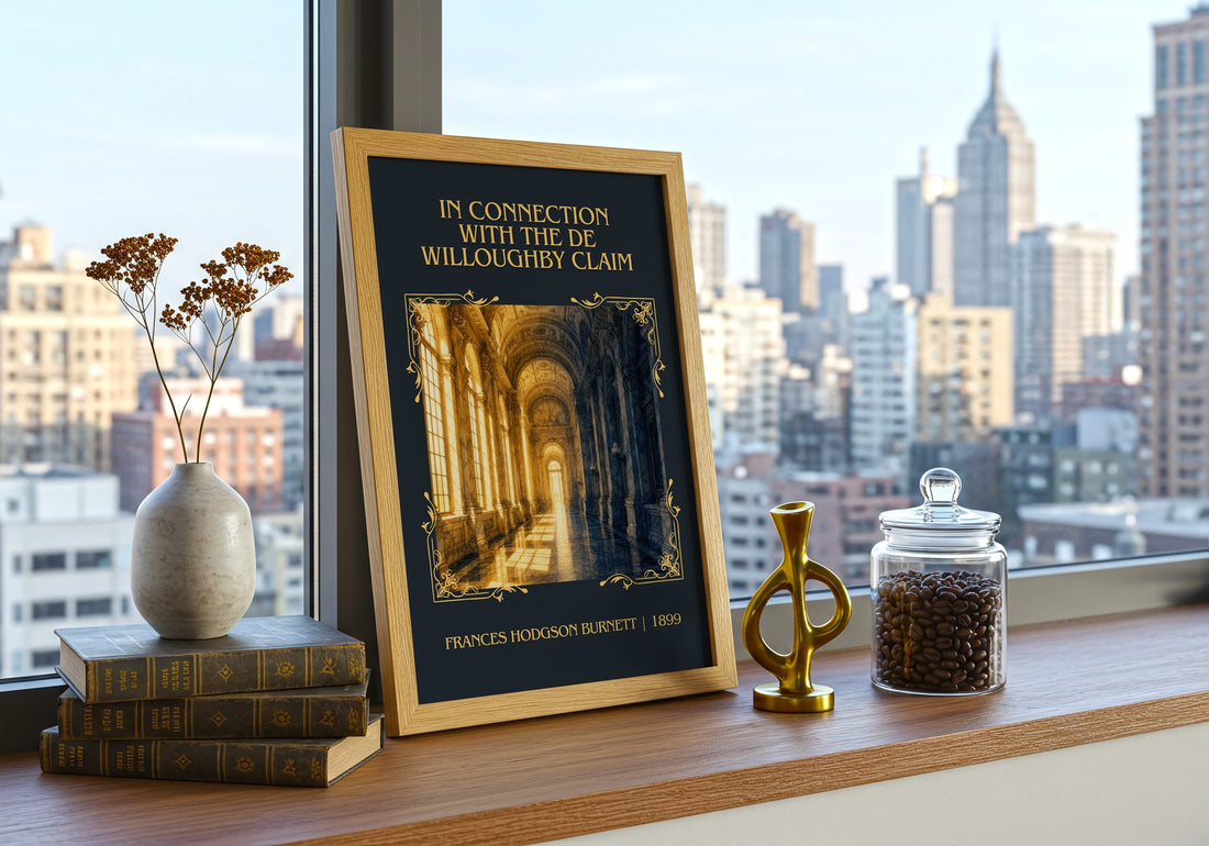 In Connection With The De Willoughby Claim Classic Book Art Print – – framed print on a city-view windowsill