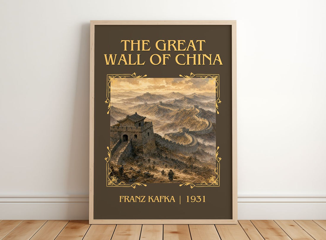 The Great Wall Of China Classic Book Art Print by Franz Kafka – framed print leaning on a wooden floor