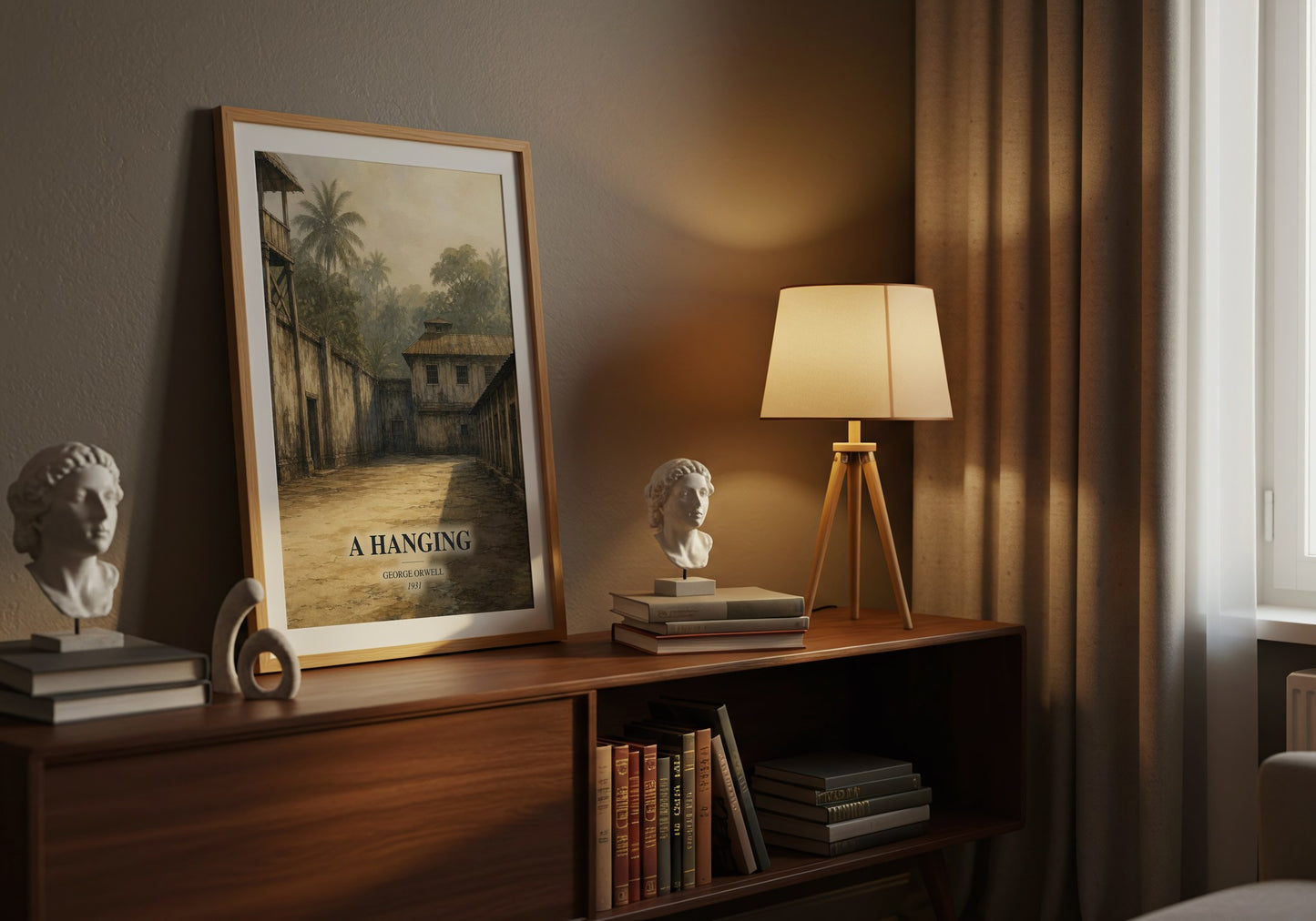 A Hanging watercolour print on bookshelf – George Orwell fan gift