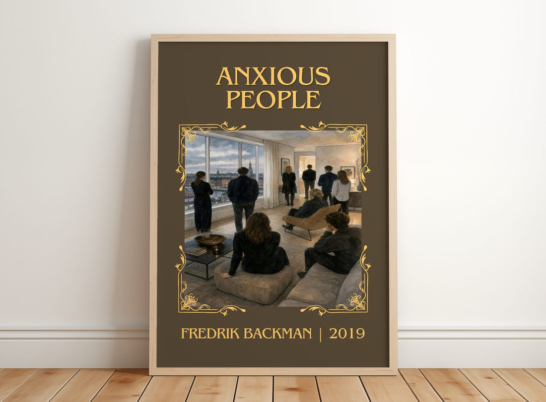 Anxious People Classic Book Art Print by Fredrik Backman – framed print leaning on a wooden floor