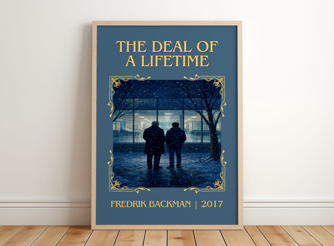 The Deal Of A Lifetime Classic Book Art Print by Fredrik Backman – framed print leaning on a wooden floor