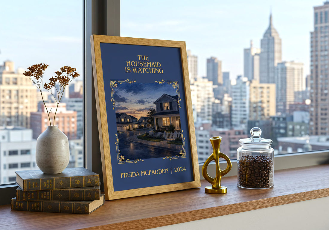 The Housemaid Is Watching Classic Book Art Print by Freida Mcfadden – framed print on a city-view windowsill