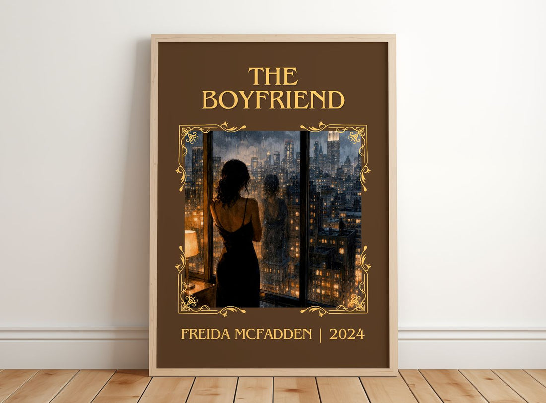 The Boyfriend Classic Book Art Print by Freida Mcfadden – framed print leaning on a wooden floor