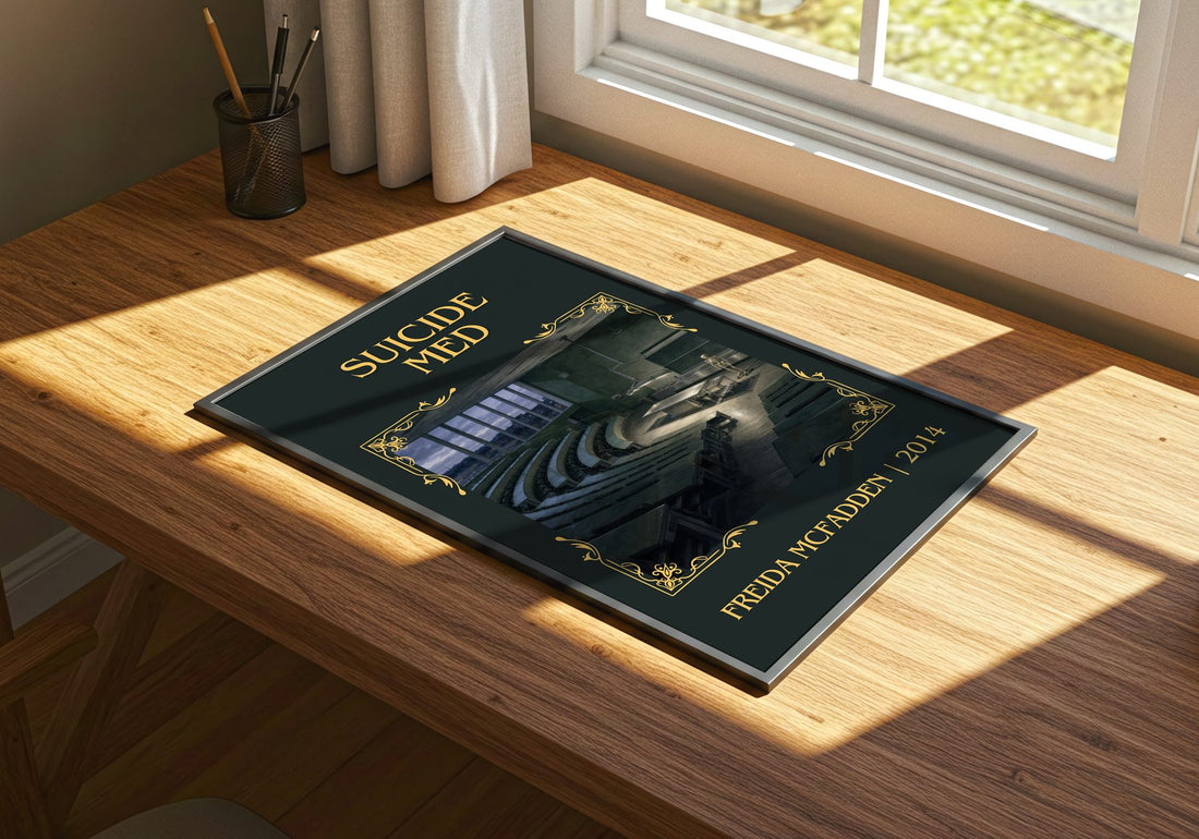 Suicide Med Classic Book Art Print by Freida Mcfadden – print on a sunlit desk