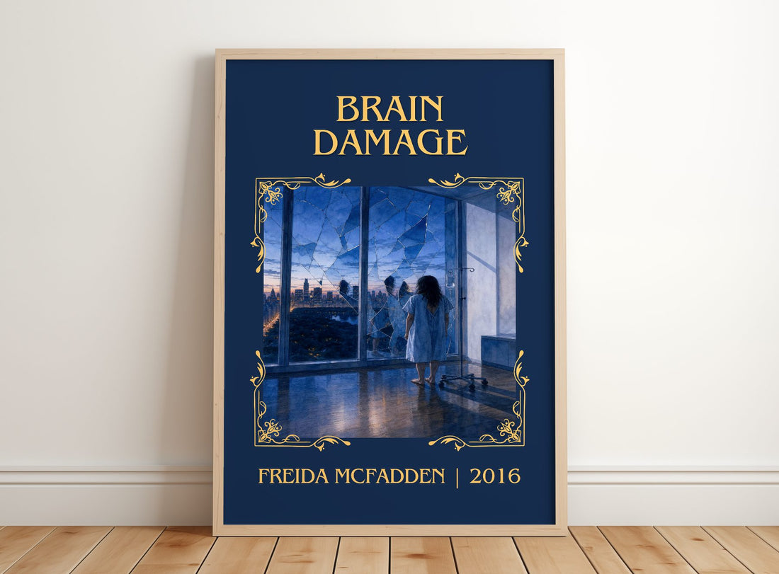 Brain Damage Classic Book Art Print by Freida Mcfadden – framed print leaning on a wooden floor