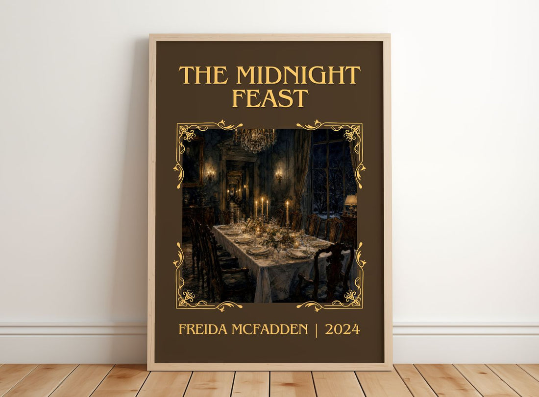 The Midnight Feast Classic Book Art Print by Freida Mcfadden – framed print leaning on a wooden floor