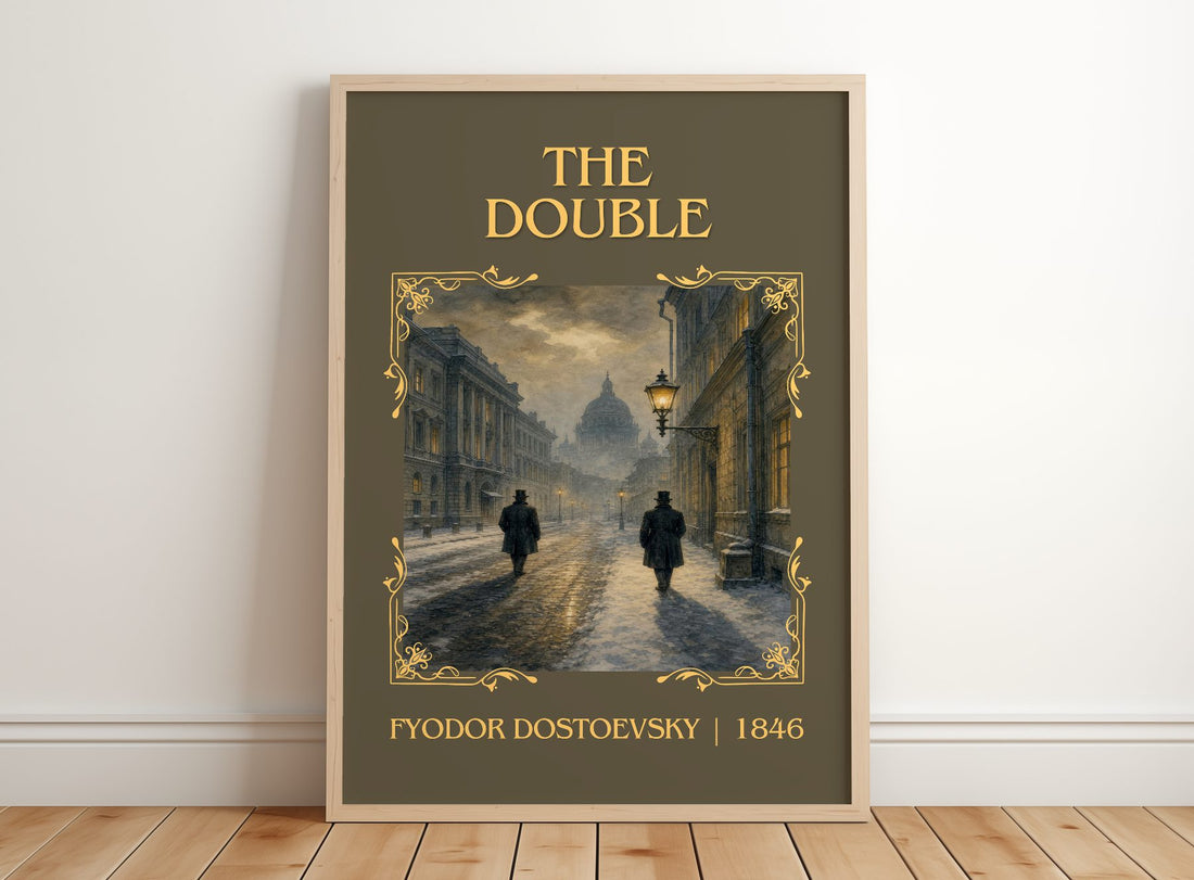 The Double Classic Book Art Print by Fyodor Dostoevsky – framed print leaning on a wooden floor