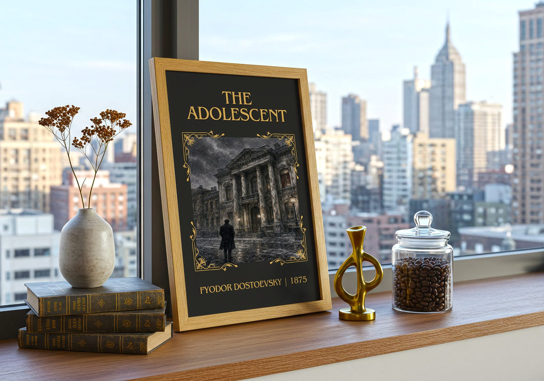 The Adolescent Classic Book Art Print by Fyodor Dostoevsky – framed print on a city-view windowsill