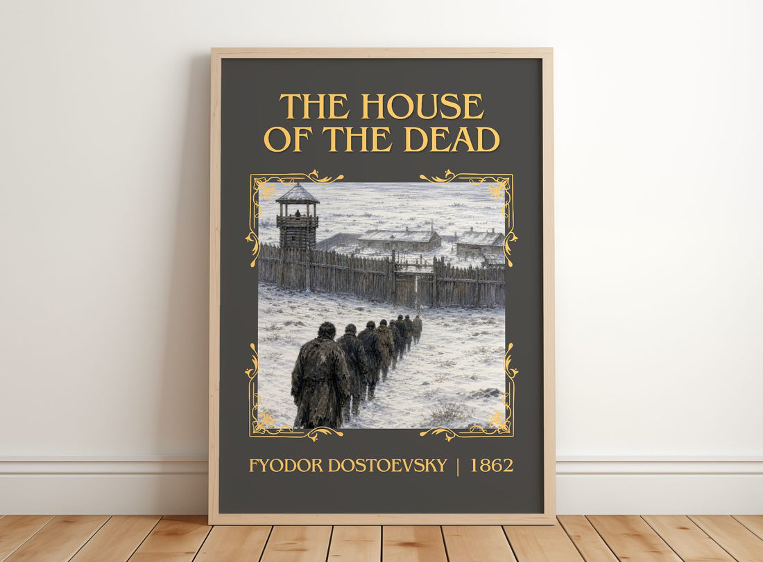 The House Of The Dead Classic Book Art Print by Fyodor Dostoevsky – framed print leaning on a wooden floor