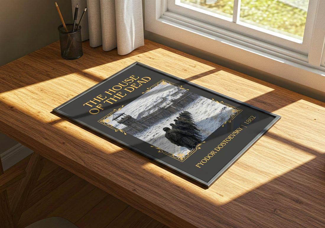 The House Of The Dead Classic Book Art Print by Fyodor Dostoevsky – print on a sunlit desk