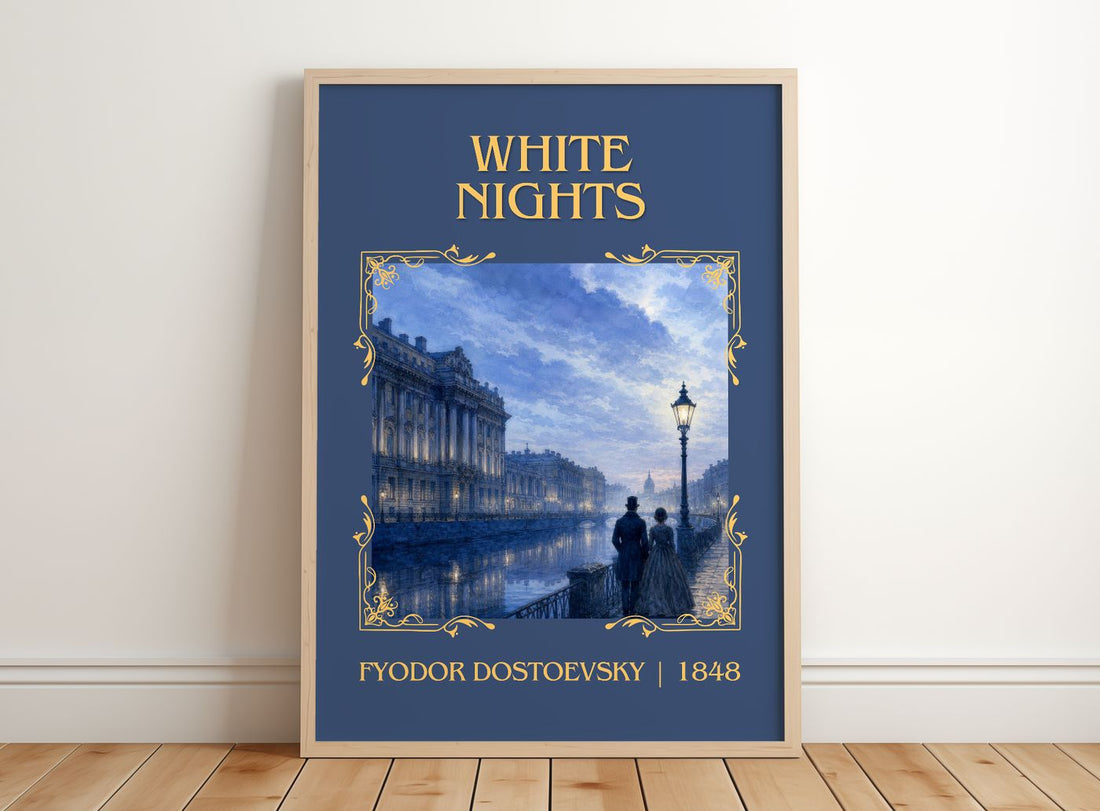 White Nights Classic Book Art Print by Fyodor Dostoevsky – framed print leaning on a wooden floor