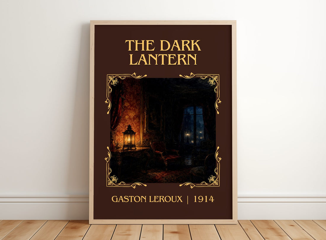 The Dark Lantern Classic Book Art Print by Gaston Leroux – framed print leaning on a wooden floor