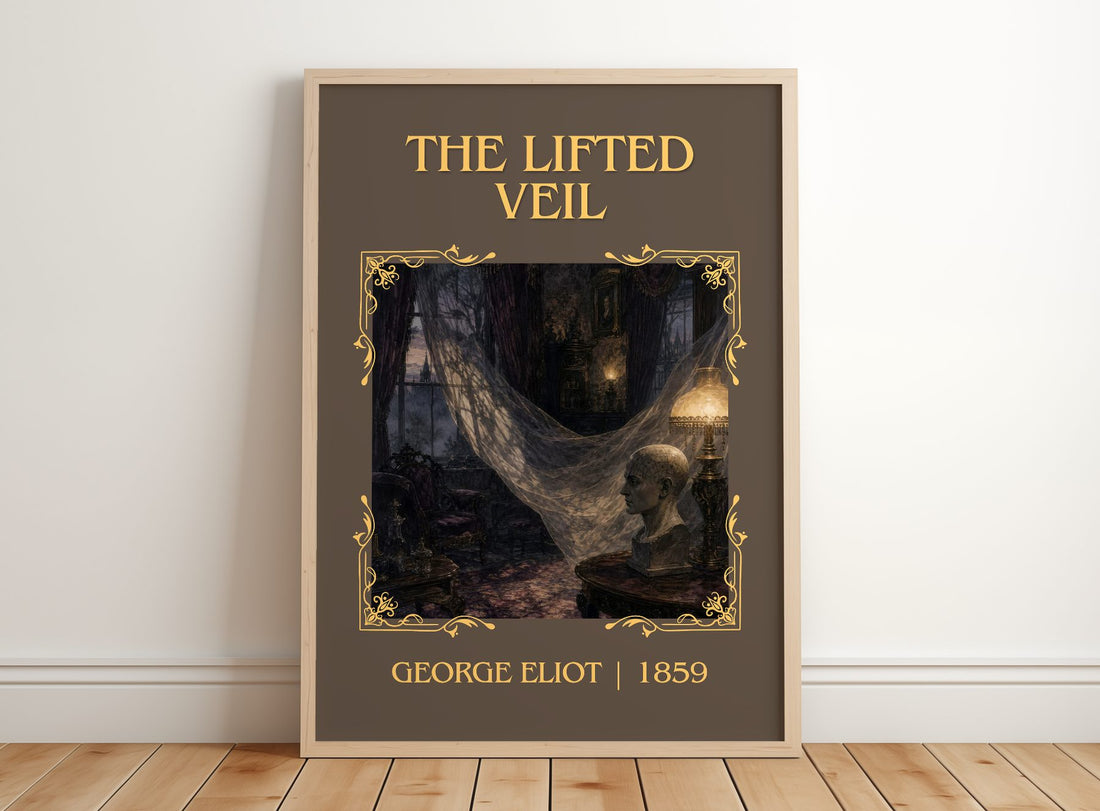 The Lifted Veil Classic Book Art Print by George Eliot – framed print leaning on a wooden floor