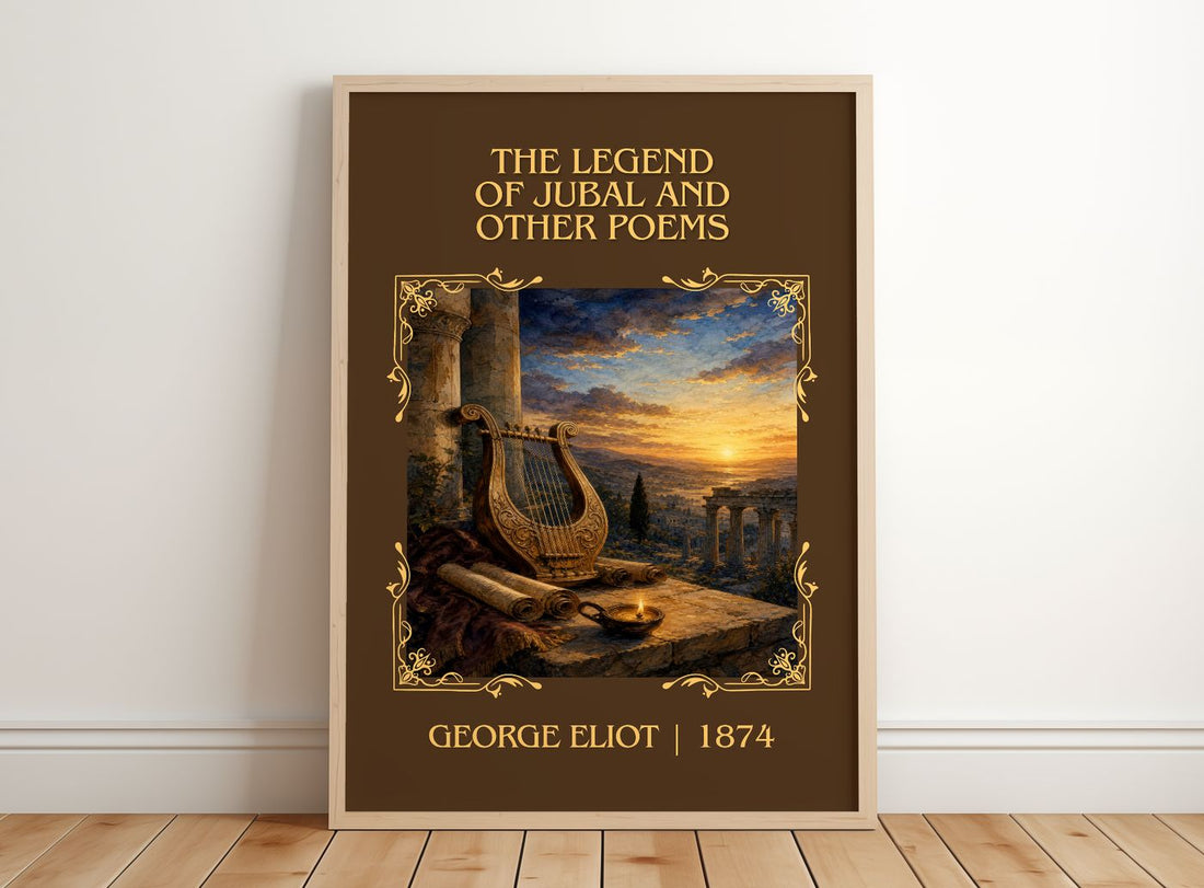 Legend Of Jubal And Other Poems Classic Book Art Print by George Eliot – framed print leaning on a wooden floor